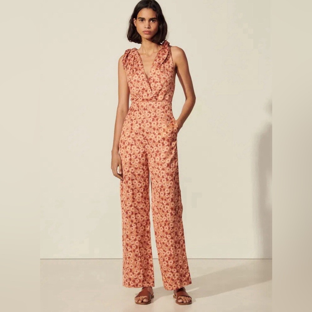 SANDRO Jumpsuit Women's (EU) 42 Sleeveless Linen Blend Floral Print V-Neck on tv